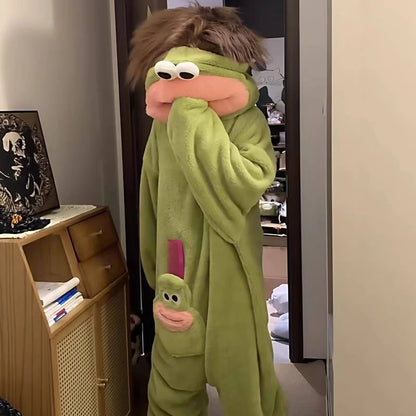 Hot Big Mouth Monster Cute Funny Onesie Pajamas Thickened Coral Fleece Homewear for Couples Men Women Autumn Cartoon Pajamas